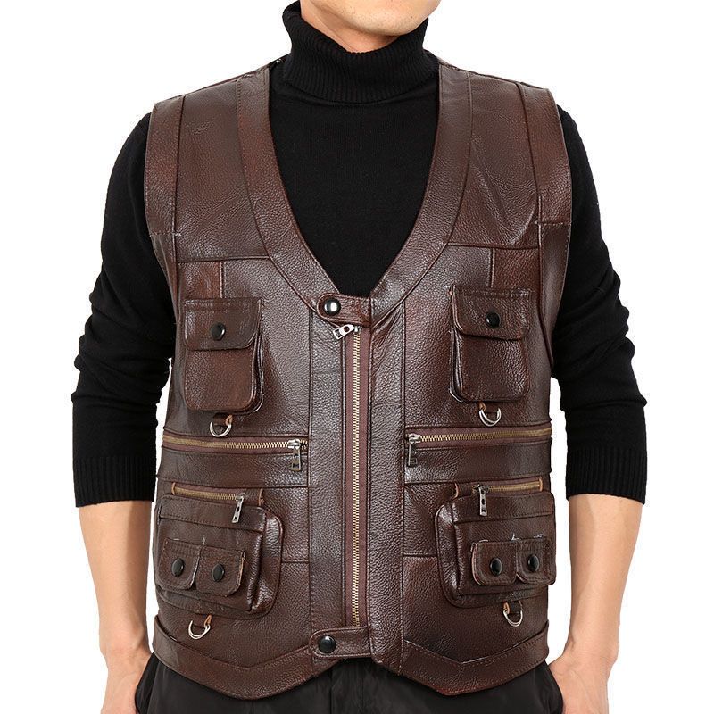 Leather Work Vest - جلد البقر سترة جلدية حقيقية صدرية